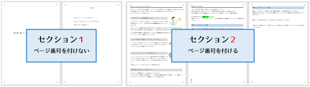 Word 途中からページ番号を付けたい セクション区切りを活用